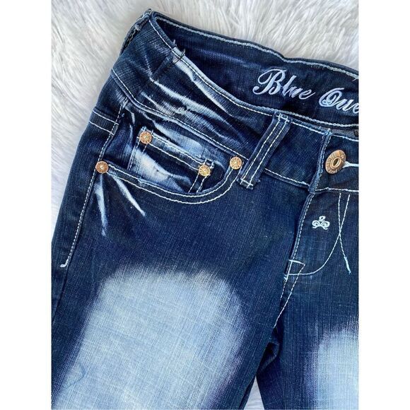 Y2K Vintage Blue Queen SZ 3/4 Dark Wash Factory Faded Bling Jeans - Picture 6 of 12